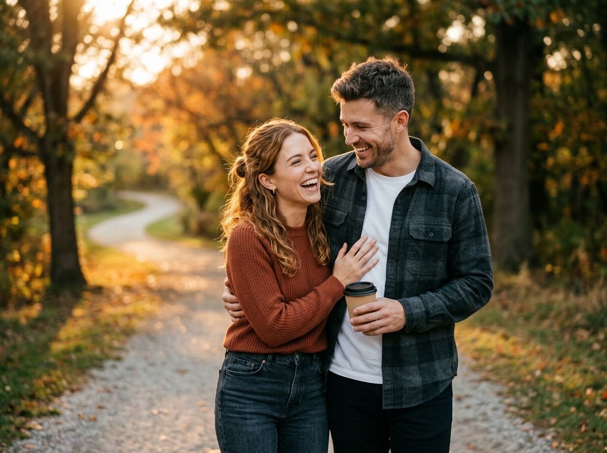 Joyful romantic couple laughing and embracing outdoors in warm sunlight
